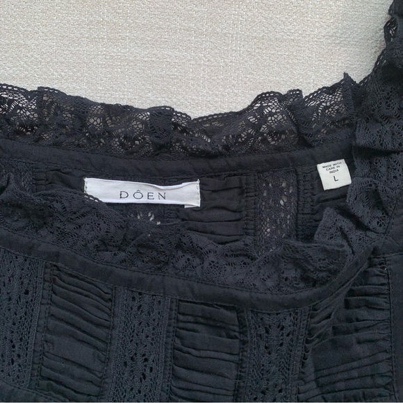 Doen Frances Cotton Voile Ruffle Lace Short Puff Sleeve Blouse Top Black - Picture 7 of 10